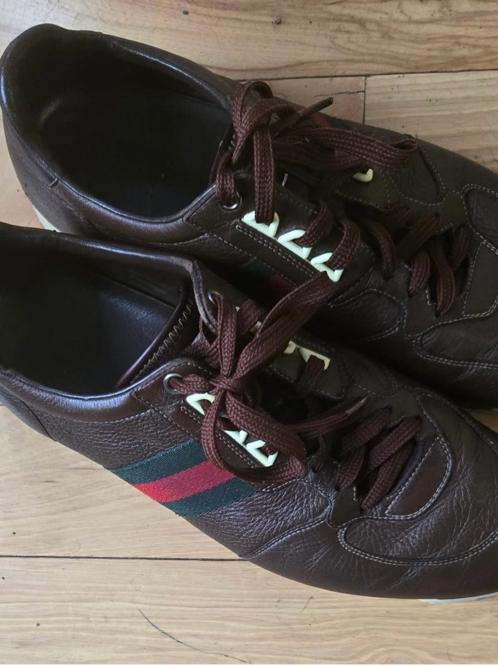 Gucci Brown Leather Sneakers with Green & Red Stripe - Picture 2 of 3